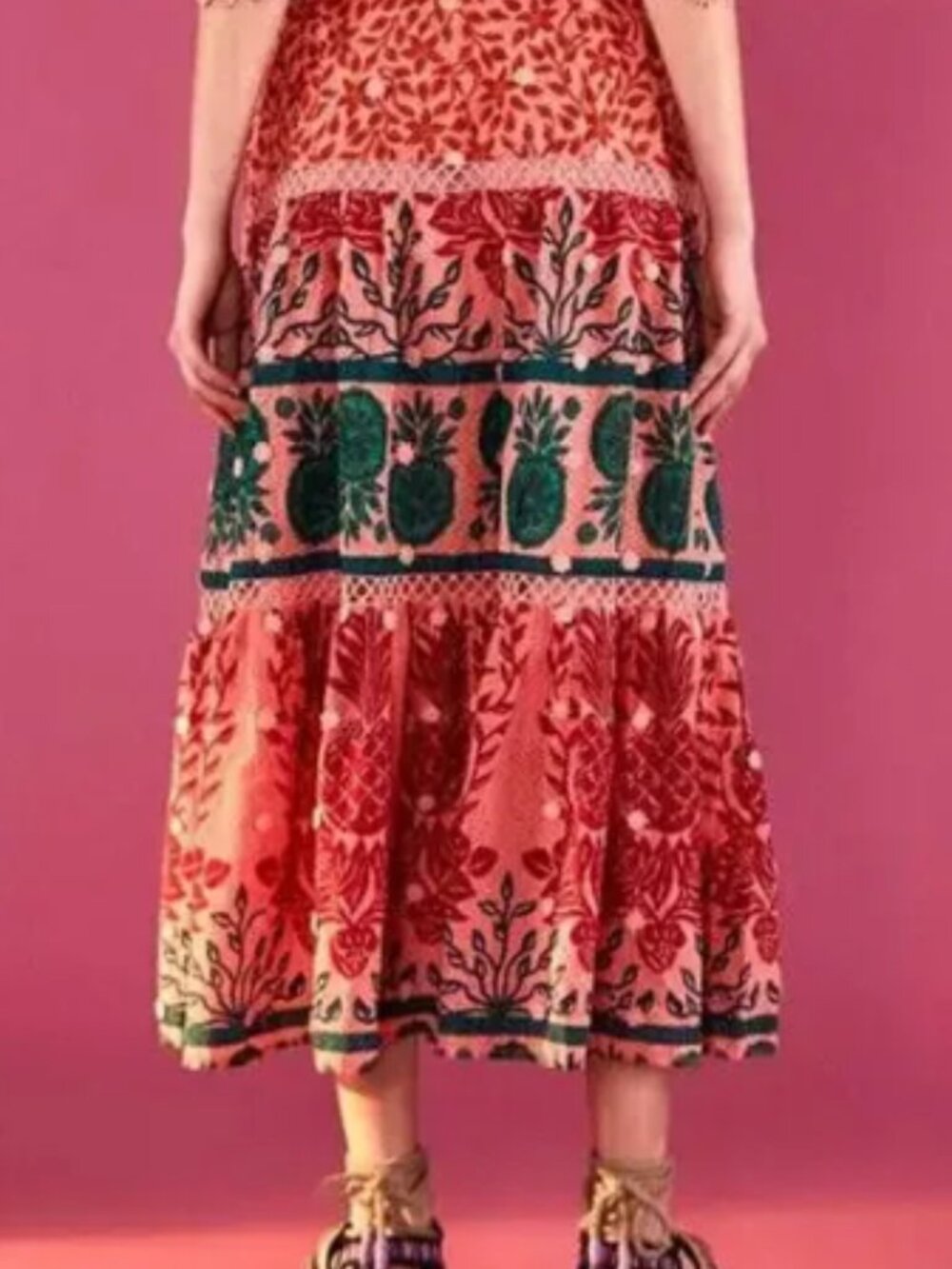 Farm Rio Ainiika Printed Tiered Maxi Skirt with Belt Pink Red Green M NWOT - Picture 16 of 16